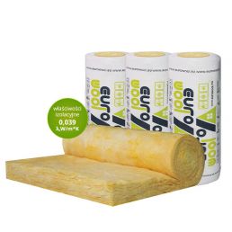 Zestaw trzech rolek żółtej wełny szklanej Eurowool M-11 Nova z zieloną etykietą promocyjną.