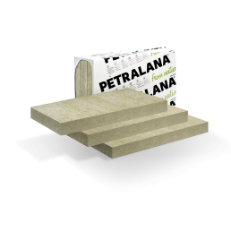 Wełna mineralna Petralana Petafas 34: trzy jasnoszare warstwy o różnych rozmiarach, zapakowane w karton.