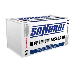 Biała styropianowa skrzynka Sonarol EPS S 040 Premium Fasada z opisem, przeznaczona do materiałów izolacyjnych.