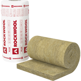 Żółtobrązowa wełna mineralna Rockwool Toprock Plus, zwinięta i pakowana w plastik oznaczony czerwono-białym logo.